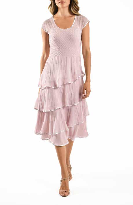 Komarov Cap Sleeve Tiered Charmeuse & Chiffon Cocktail Dress