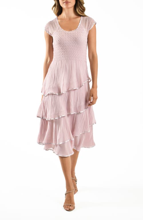 KOMAROV KOMAROV CAP SLEEVE TIERED CHARMEUSE & CHIFFON COCKTAIL DRESS 