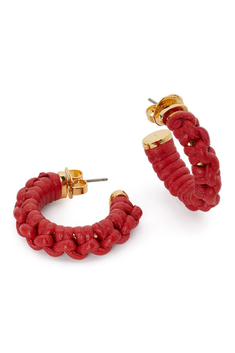 leather woven hoop earrings, Main, color, FRESH TOMATO
