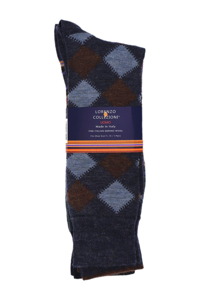 Assorted 3-Pack Italian Merino Wool Crew Socks, Alternate, color, NAVY MULTI