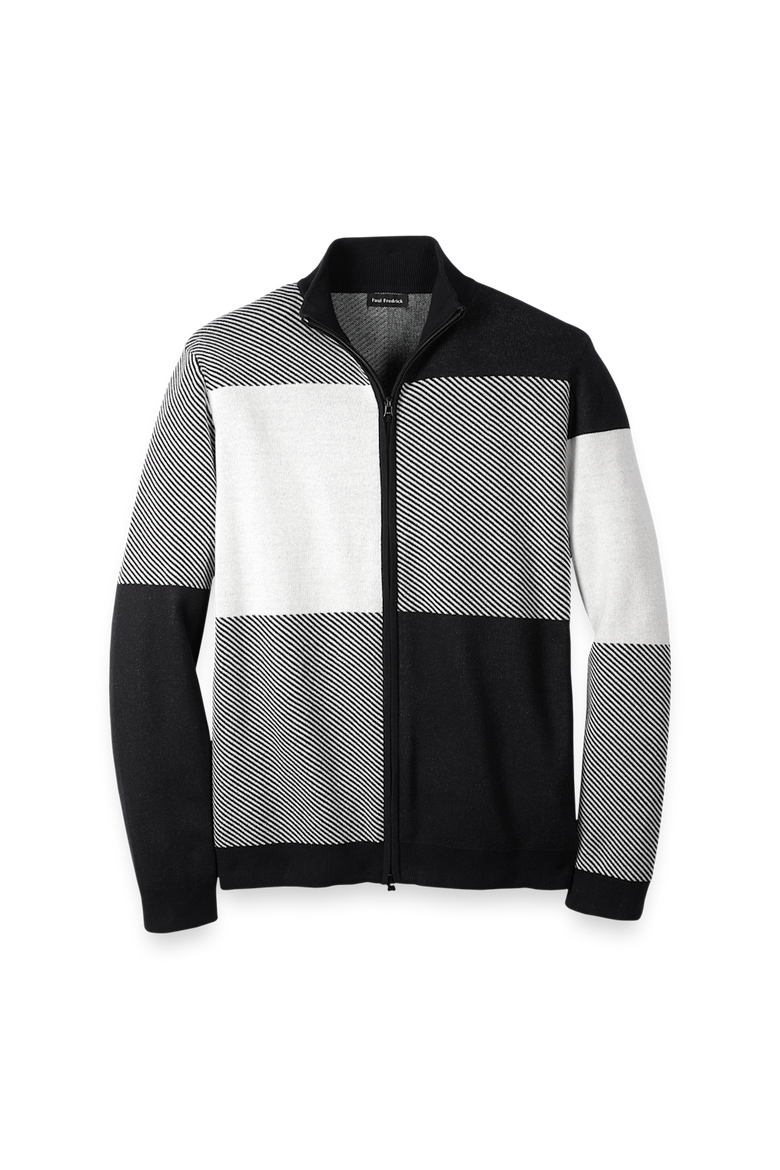 Cotton Full Zip Mock Neck Sweater, Main, color, BLACK/WHITE GLEN PLAID
