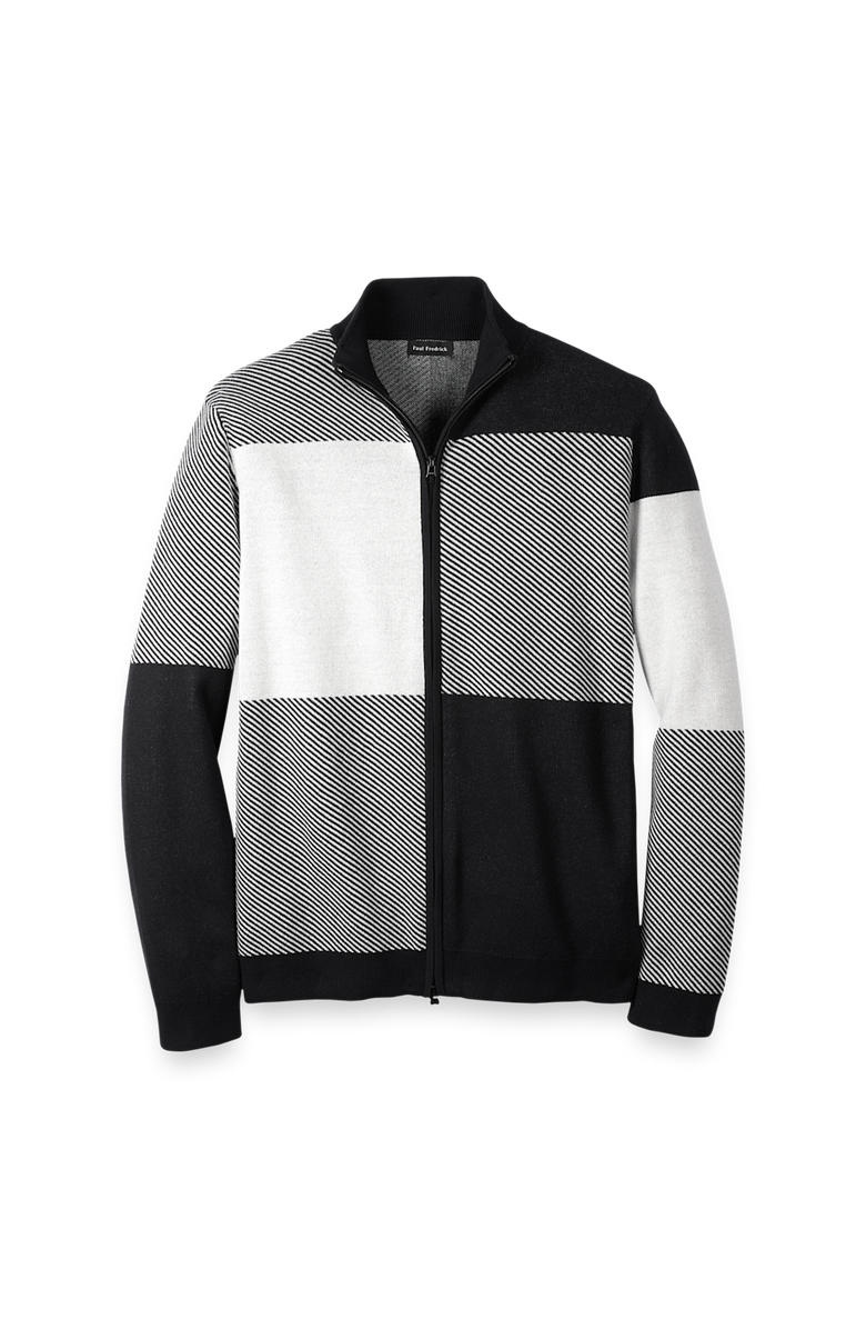Paul Fredrick Cotton Full Zip Mock Neck Sweater, Main, color, Black/White Glen Plaid