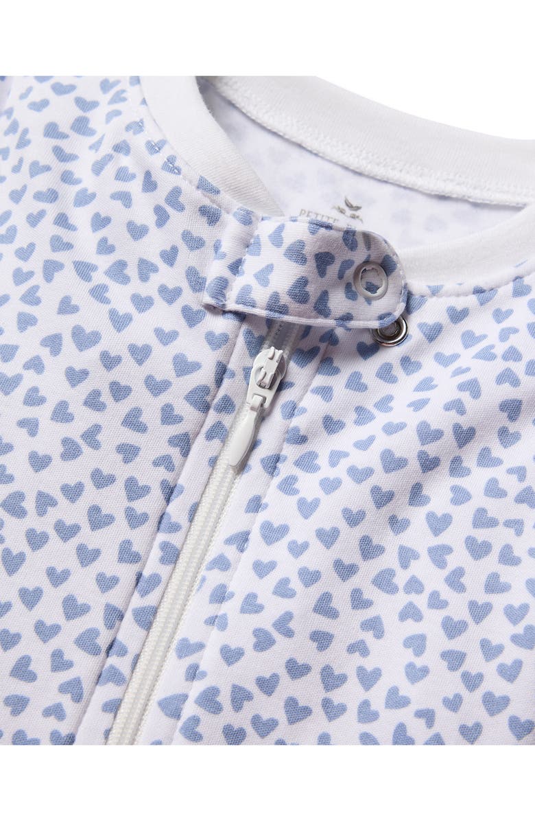 Petite Plume Heart Print Pima Cotton Zip Footie, Alternate, color, Blue