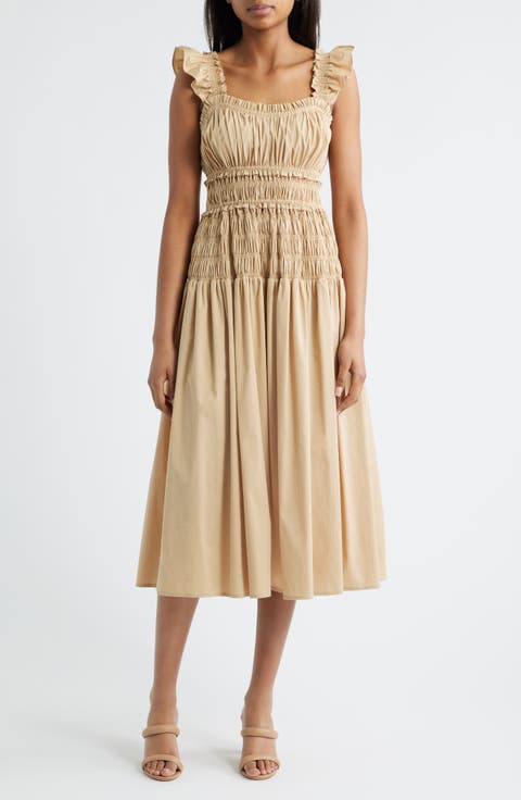 Smocked Ruffle Trim Midi Dress