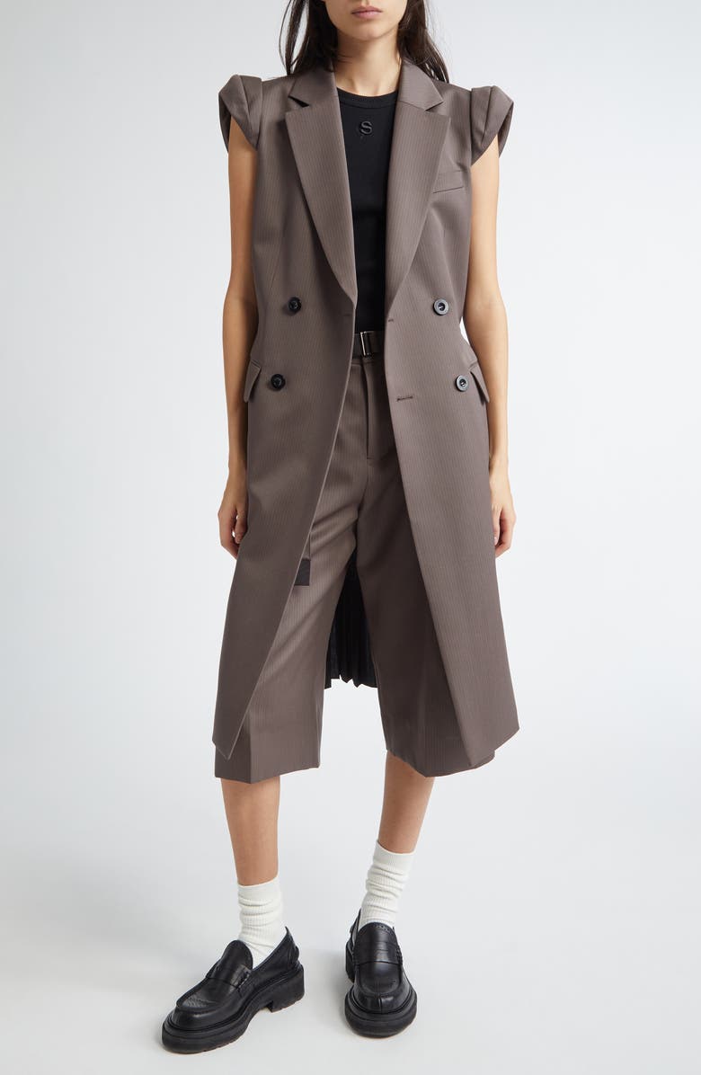 Sacai Pinstripe Double Breasted Wool Vest, Main, color, Taupe X Black