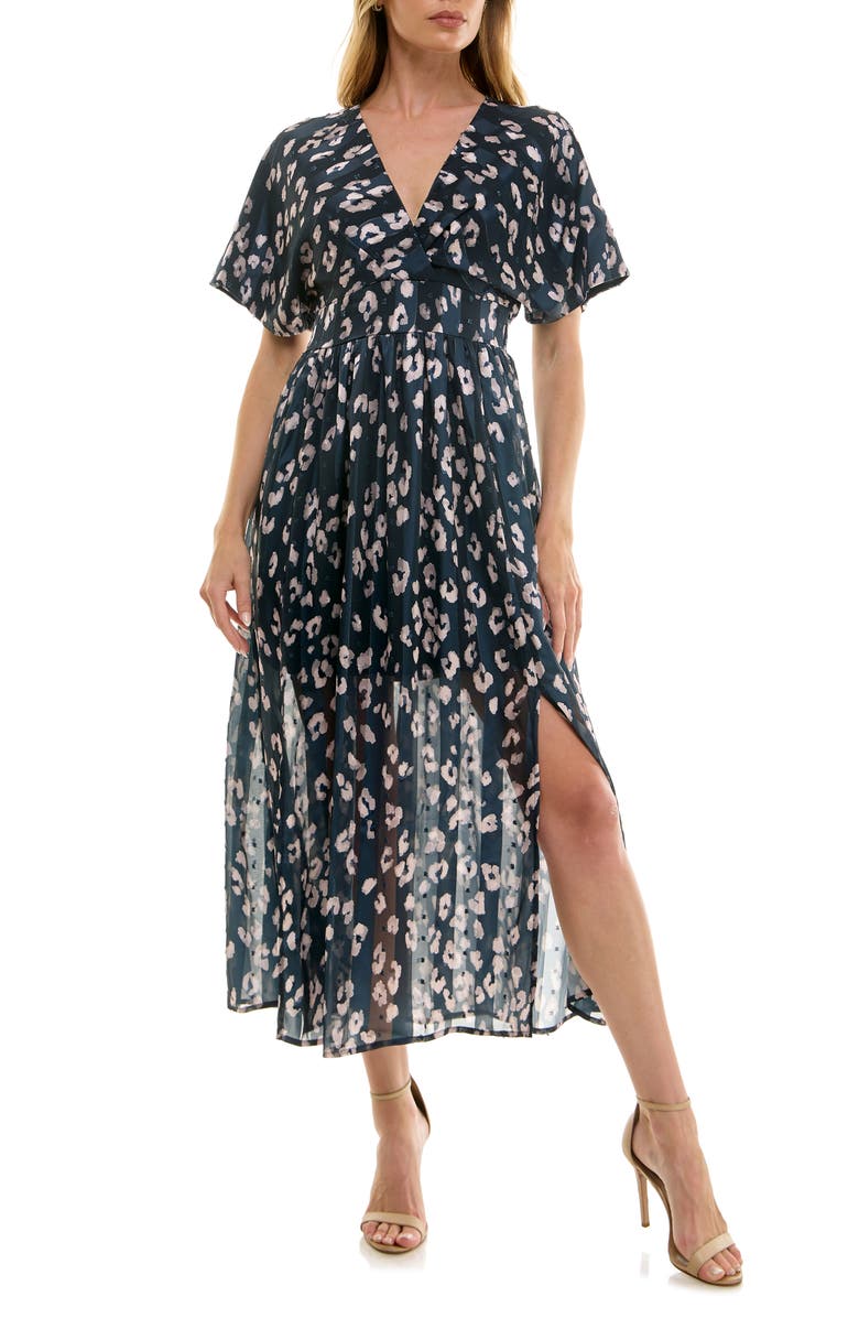 Socialite V-Neck Dolman Sleeve Midi Dress, Main, color, Navy Natural Leopard