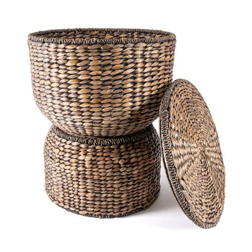 Happimess Bhola Hourglass Handwoven Hyacinth Storage Accent Table With Lid In Brown Wash