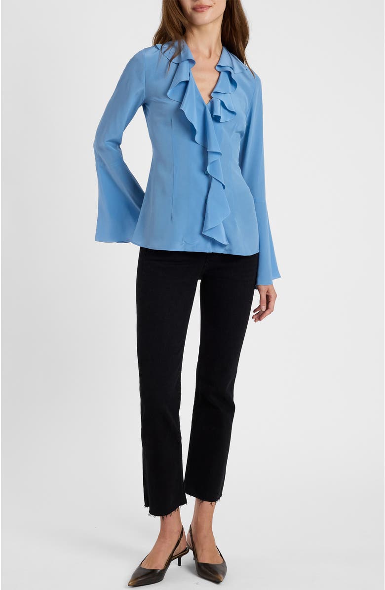 Santorelli Sydney Silk Long Sleeve Ruffle Blouse, Alternate, color, Blue Aura