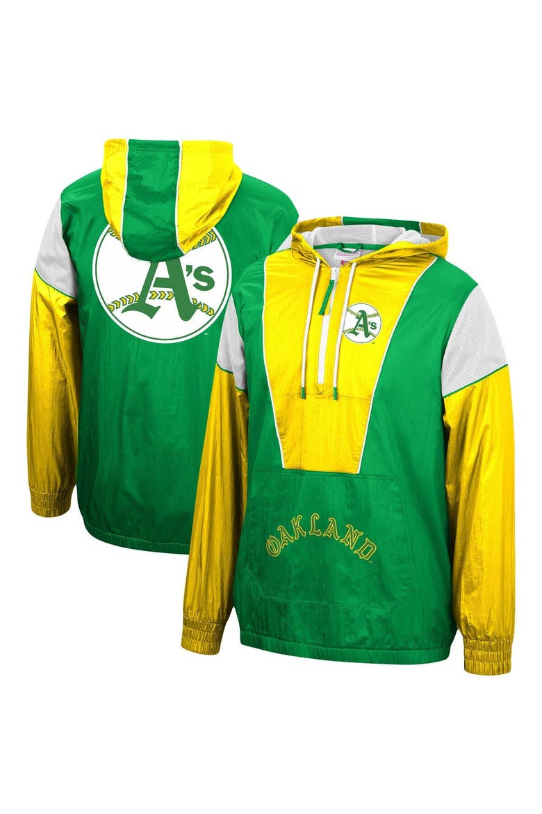 Men's Mitchell & Ness Green Oakland Athletics Highlight Reel Windbreaker Half-Zip Hoodie Jacket, Main, color, Green