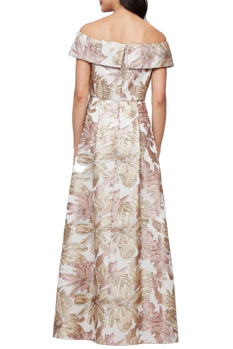 Metallic Floral Jacquard Off the Shoulder Gown, Alternate, color, TAUPE MULTI