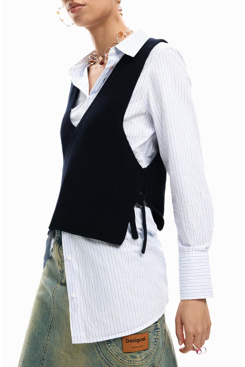 Stripe Woven Shirt & Sweater Vest, Main, color, BLACK