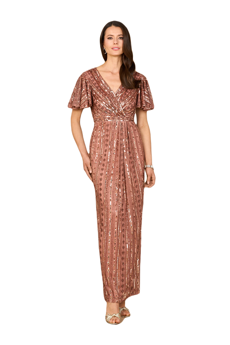 Beaded Gown with Flutter Sleeves, Main, color, Bronze