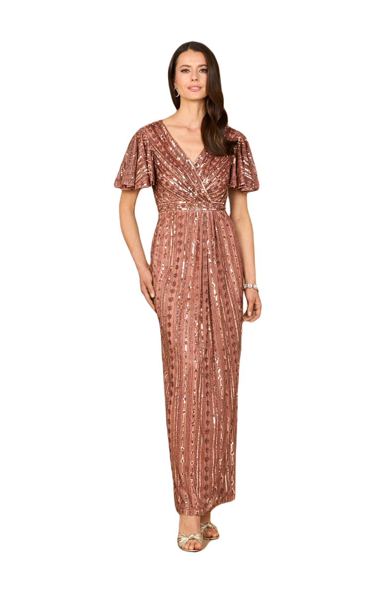 LARA New York Beaded Gown with Flutter Sleeves, Main, color, Bronze