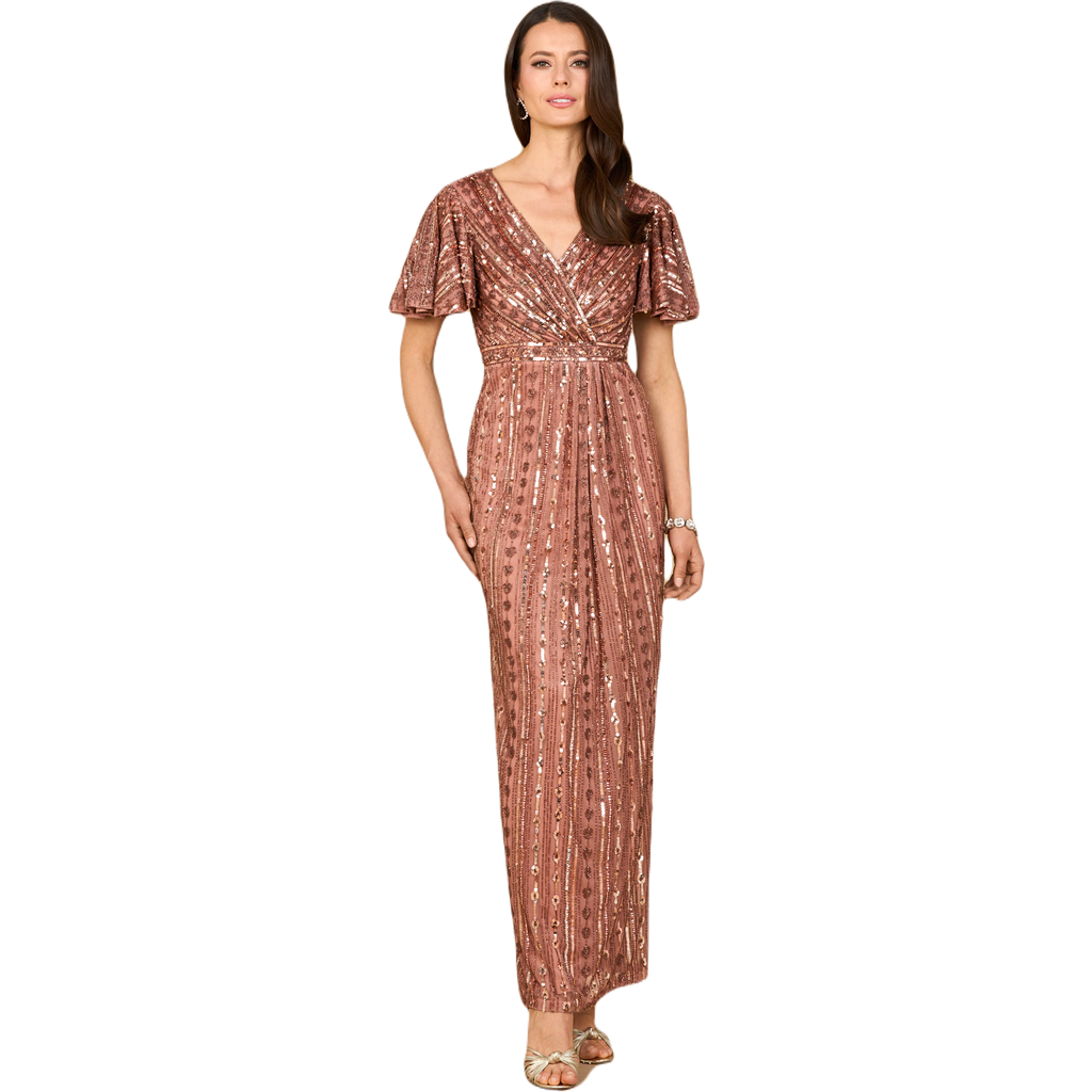 Lara New York Beaded Gown With Flutter Sleeves In Brown