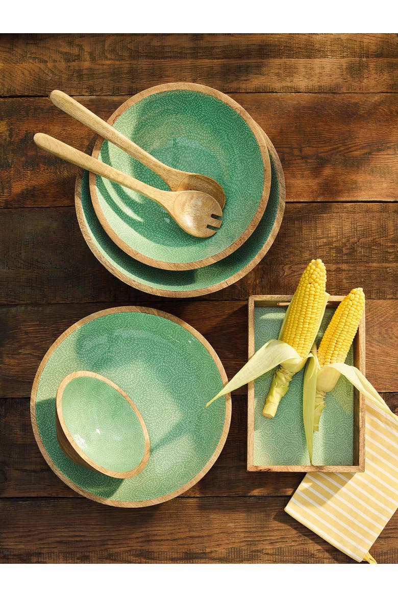 Mango Wood Lacquered Large Serving Bowl, 13.75" x 4.7", Alternate, color, Green
