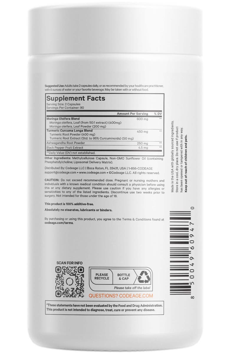 Codeage Liposomal Moringa + Turmeric & Ashwagandha Supplement, Alternate, color, White