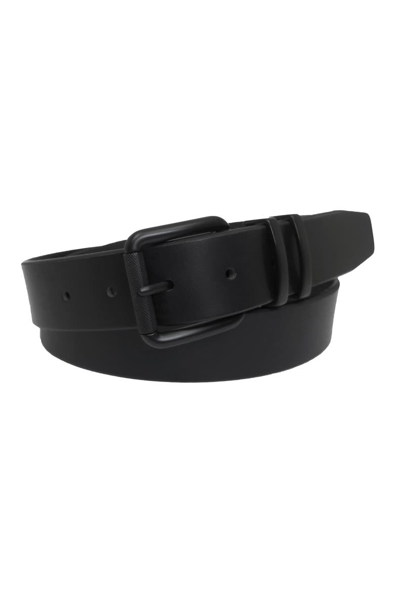 Matte Buckle Roller Burn Edge Leather Belt, Main, color, BLACK