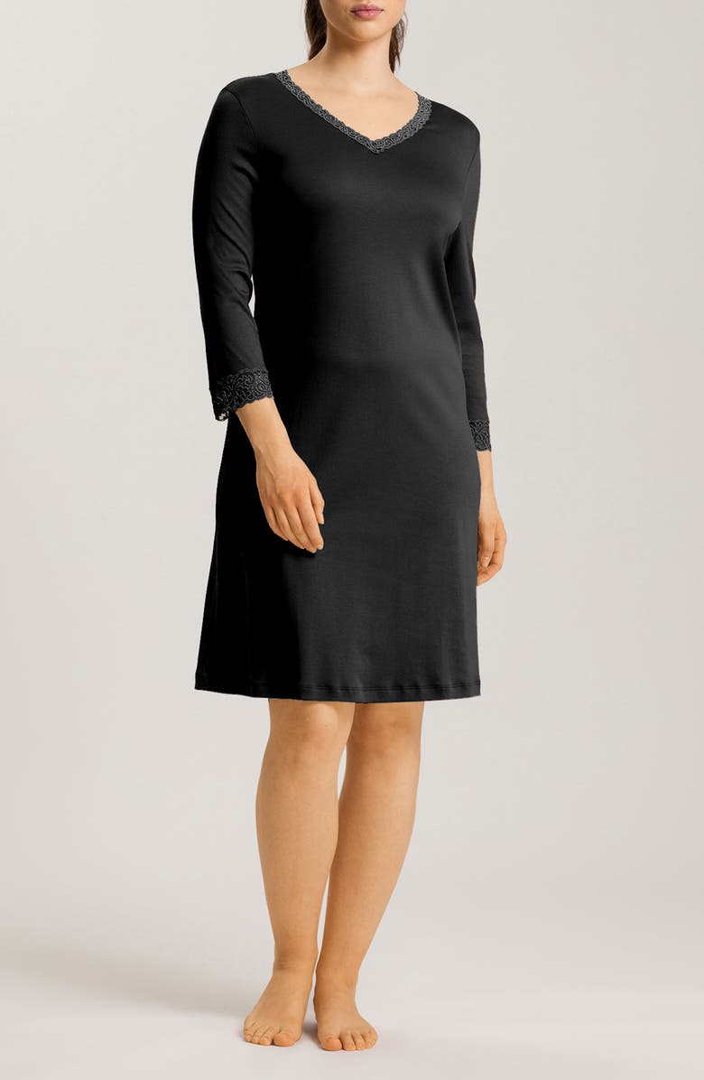 Hanro Moments V-Neck Cotton Nightgown, Main, color, 019 - Black