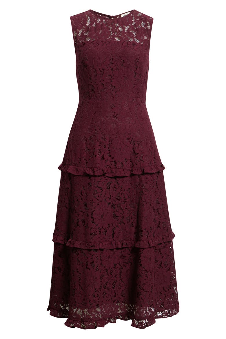 Sleeveless Tiered Ruffle Lace Midi Dress, Alternate, color, DARK CHIANTI