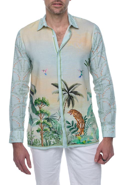 Extra Trim Fit Print Linen & Cotton Button-Up Resort Shirt