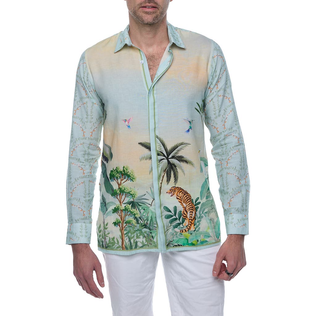 Ranee's Ranees Extra Trim Fit Print Linen & Cotton Button-up Resort Shirt In Beige