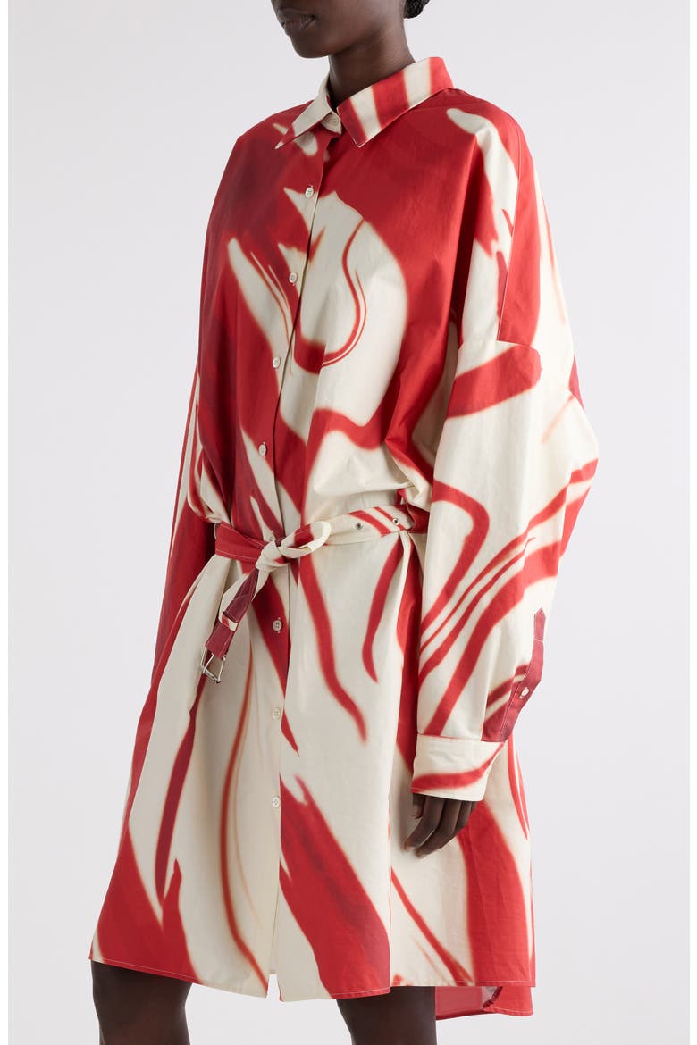Dindi Print Belted Long Sleeve Cotton Poplin Shirtdress, Alternate, color, RED