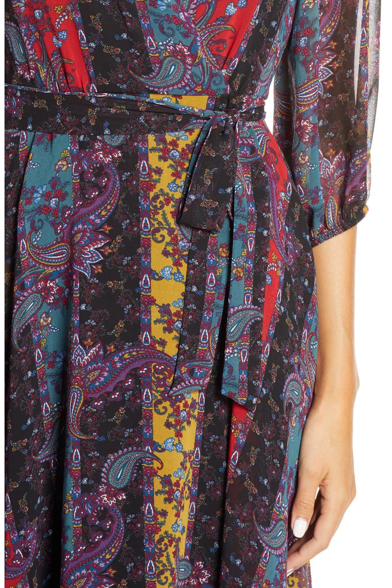Stripe Paisley Chiffon Faux Wrap Dress, Alternate, color, RED/ BLACK/ TEAL