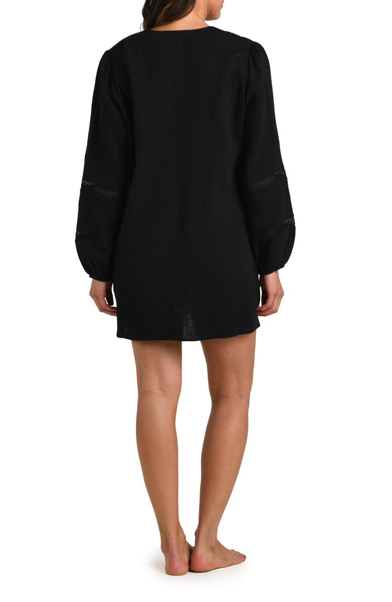 La Blanca Seaside Lace Inset Long Sleeve Cotton Cover-Up Dress, Alternate, color, Black