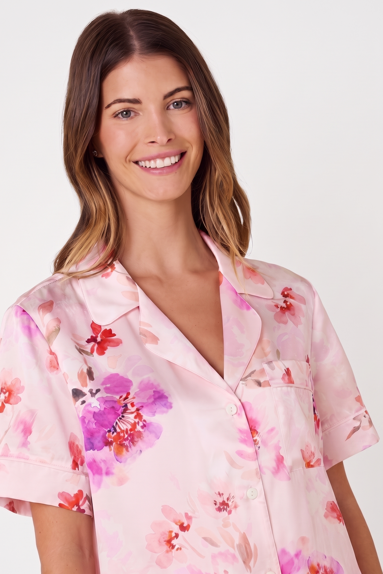 Floral Short-Sleeved Silk Pajama Set, Alternate, color, Morning in Savannah