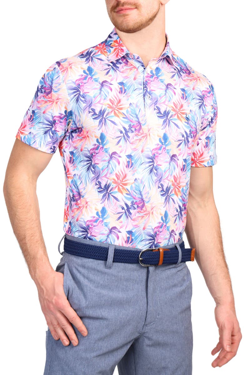 TailorByrd Watercolor Leaf Print Performance Polo, Alternate, color, Purple Multi