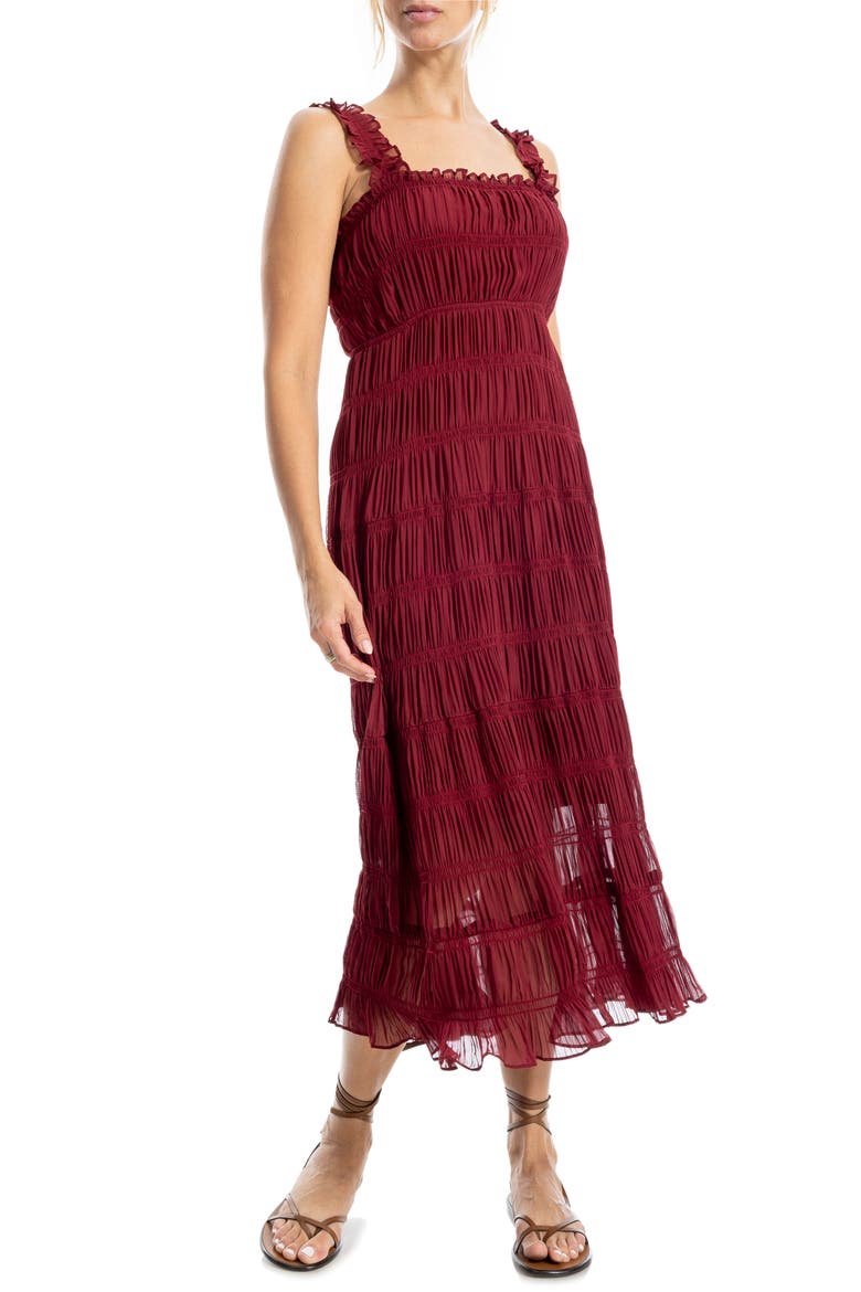 Ruffle Shirred Georgette Midi Dress, Main, color, CABERNET