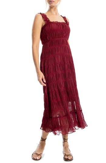 Max Studio Ruffle Shirred Georgette Midi Dress In Burgundy