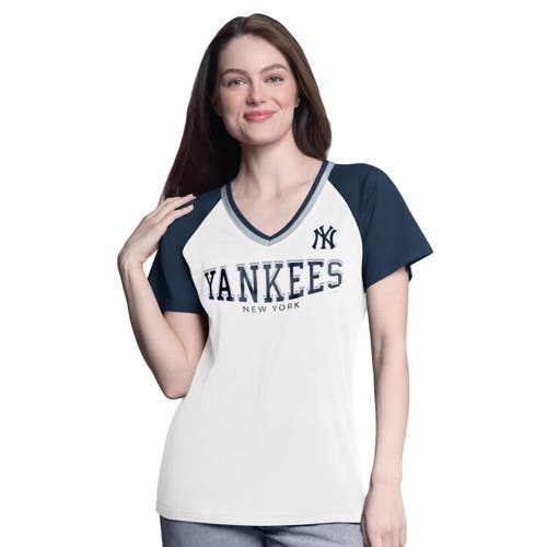 G-iii 4her By Carl Banks White/navy New York Yankees Ball Park Raglan V-neck T-shirt
