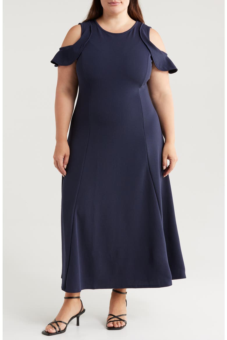 Ruffle Cold Shoulder Maxi Dress, Main, color, NAVY