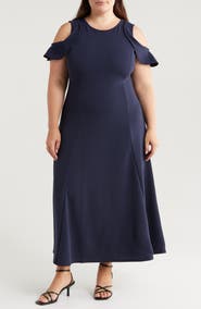 24seven Comfort Apparel Ruffle Cold Shoulder Maxi Dress