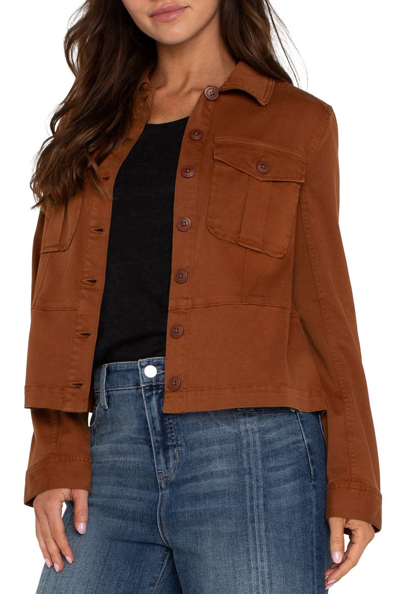 Peplum Twill Trucker Jacket, Alternate, color, BURLYWOOD