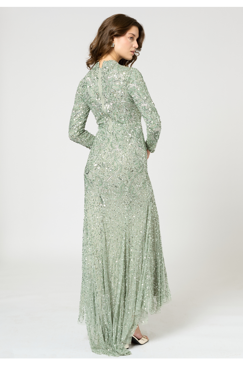 Modest Embellished Sequin Beaded Maxi Trail Dress, Alternate, color, SAGE GREEN