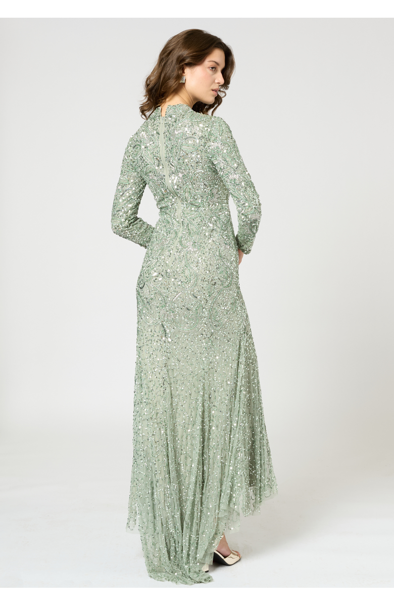 MARYISA Modest Embellished Sequin Beaded Maxi Trail Dress, Alternate, color, Sage Green