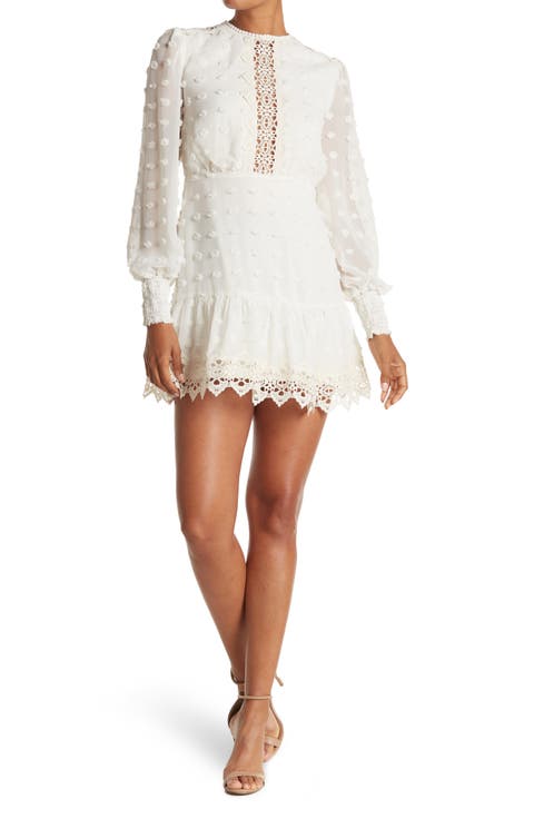 Rina Long Sleeve Dotted Chiffon Lace Trim Dress