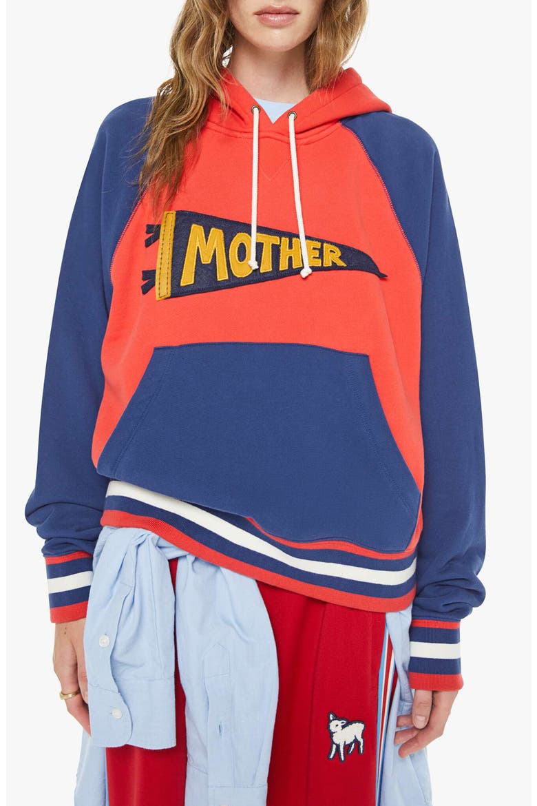 The Square Colorblock Appliqué Cotton Hoodie, Main, color, MOTHER PENNANT