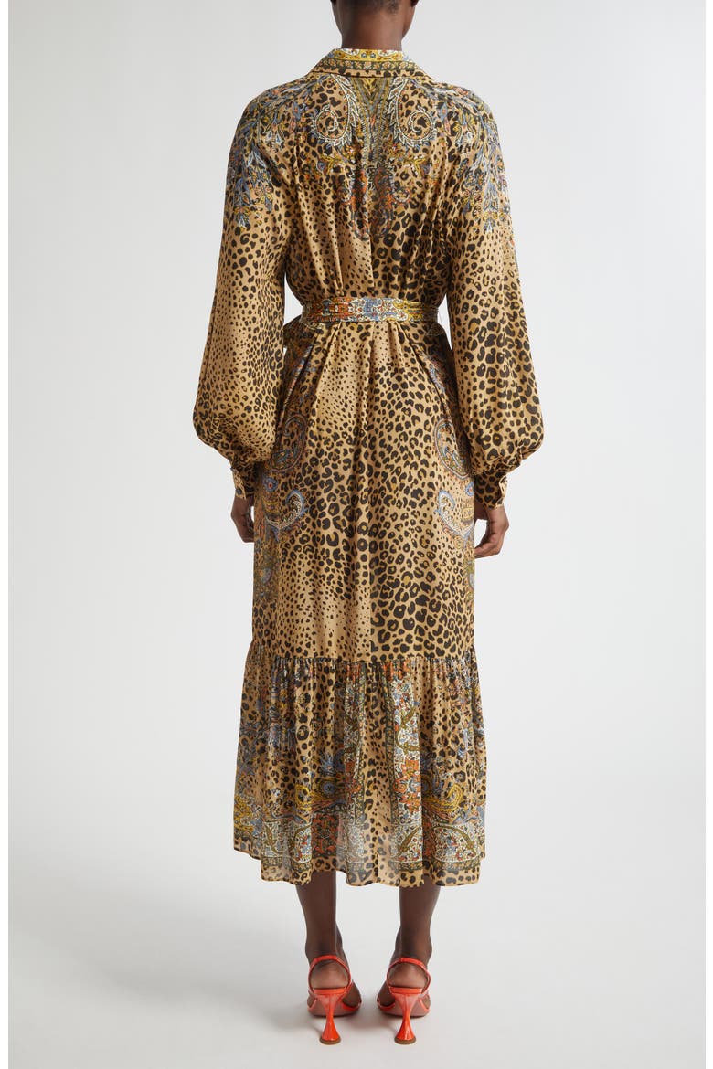 Paisley Leopard Spot Belted Long Sleeve Shirtdress, Alternate, color, DARK BROWN