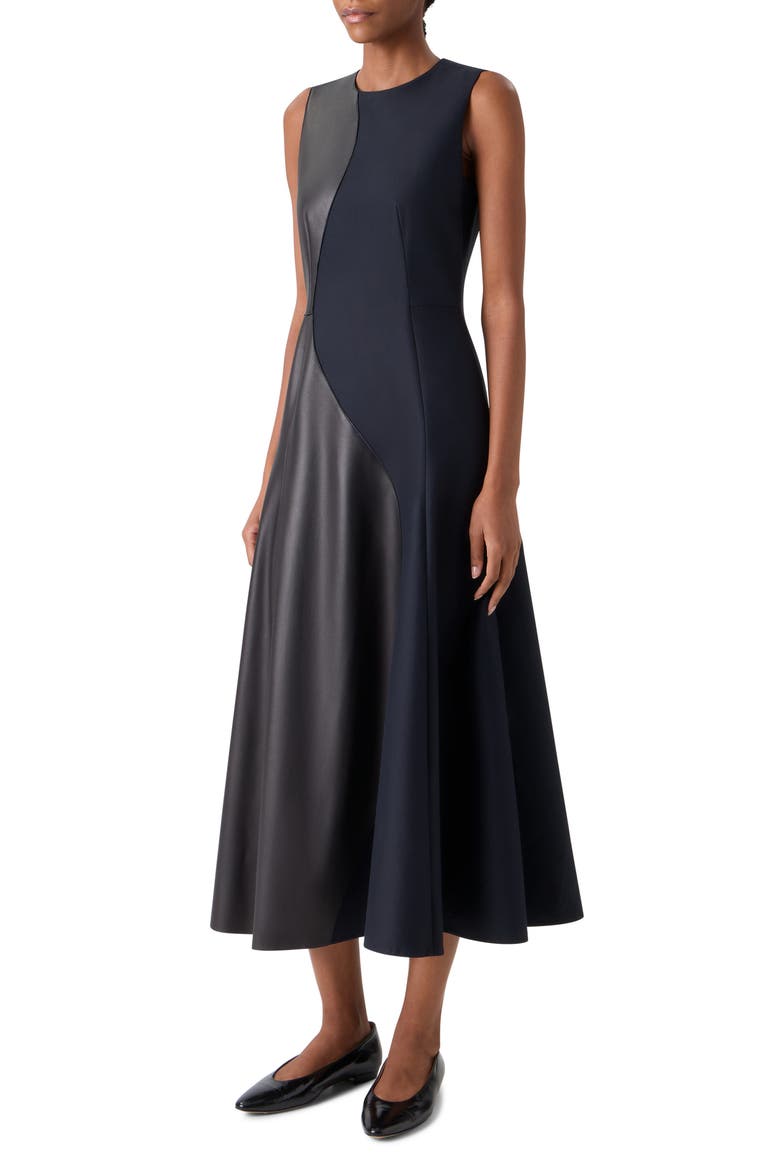 Leather Patch Cotton & Wool Midi Dress, Alternate, color, BLACK
