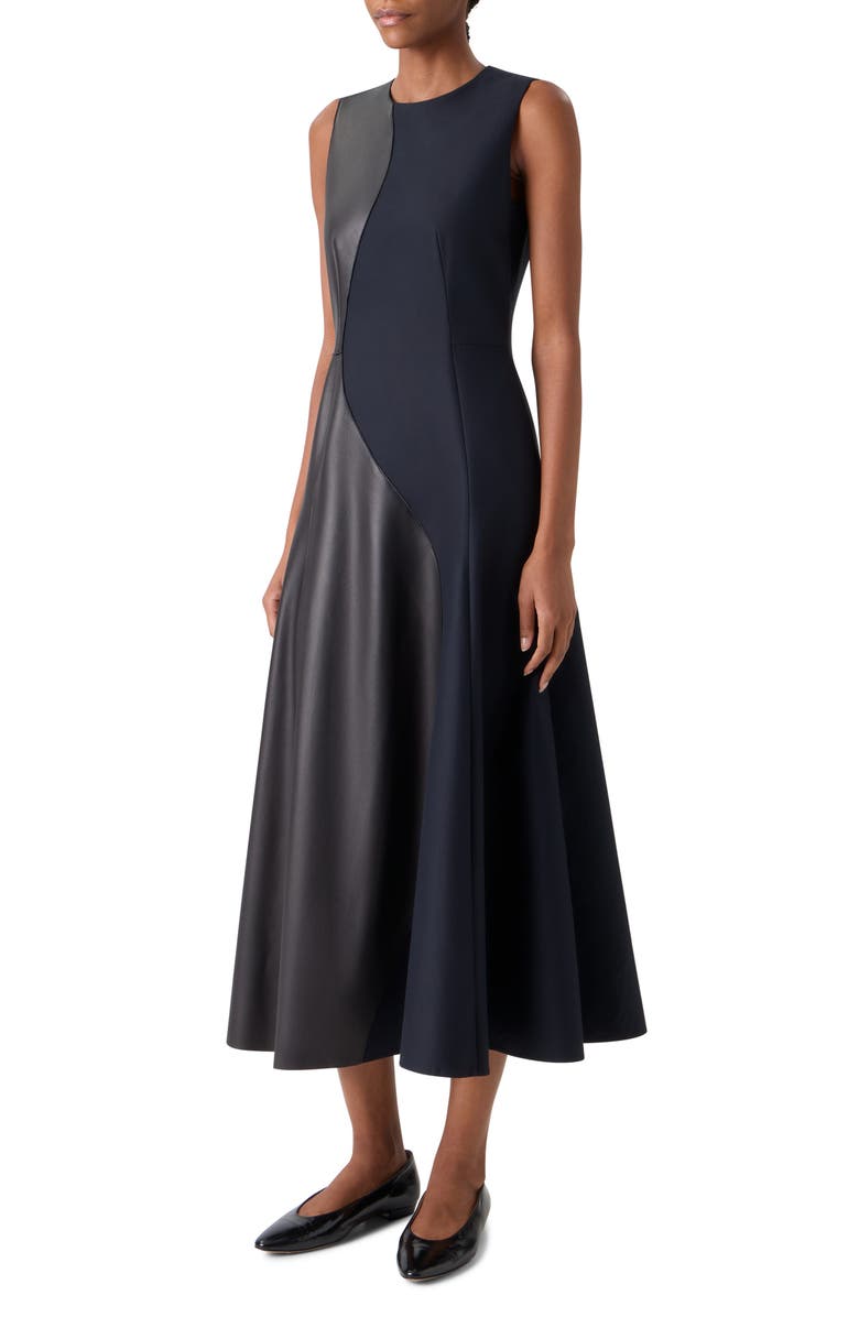 Akris Leather Patch Cotton & Wool Midi Dress, Alternate, color, Black