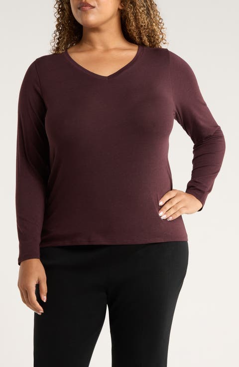 V-Neck Long Sleeve T-Shirt (Plus)