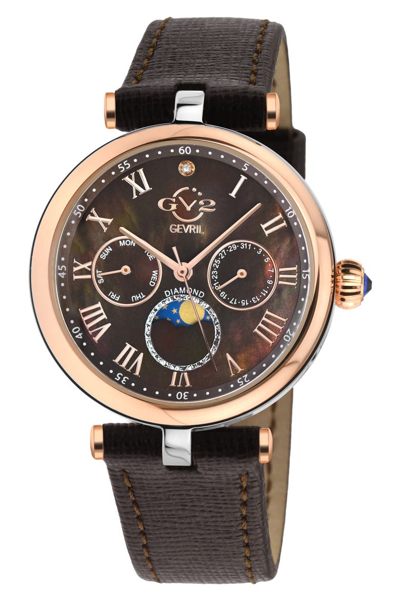 Florence Mother of Pearl Dial Diamond Leather Strap Watch, 36mm - 0.009ct., Main, color, BROWN