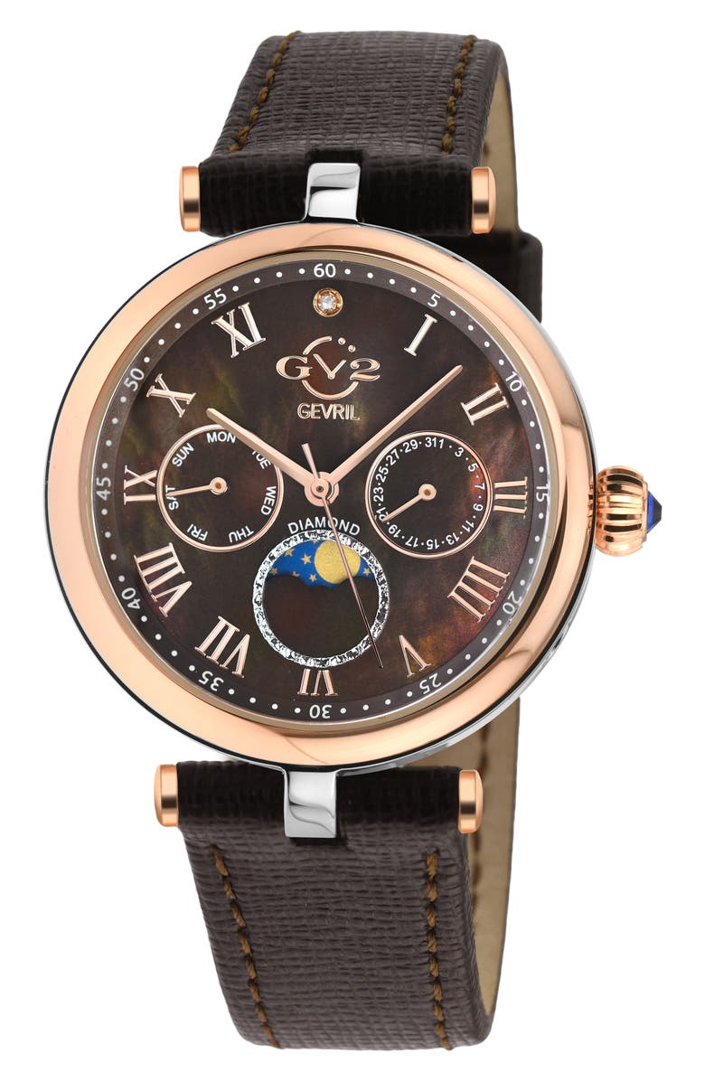 GV2 Florence Mother of Pearl Dial Diamond Leather Strap Watch, 36mm - 0.009ct., Main, color, Brown