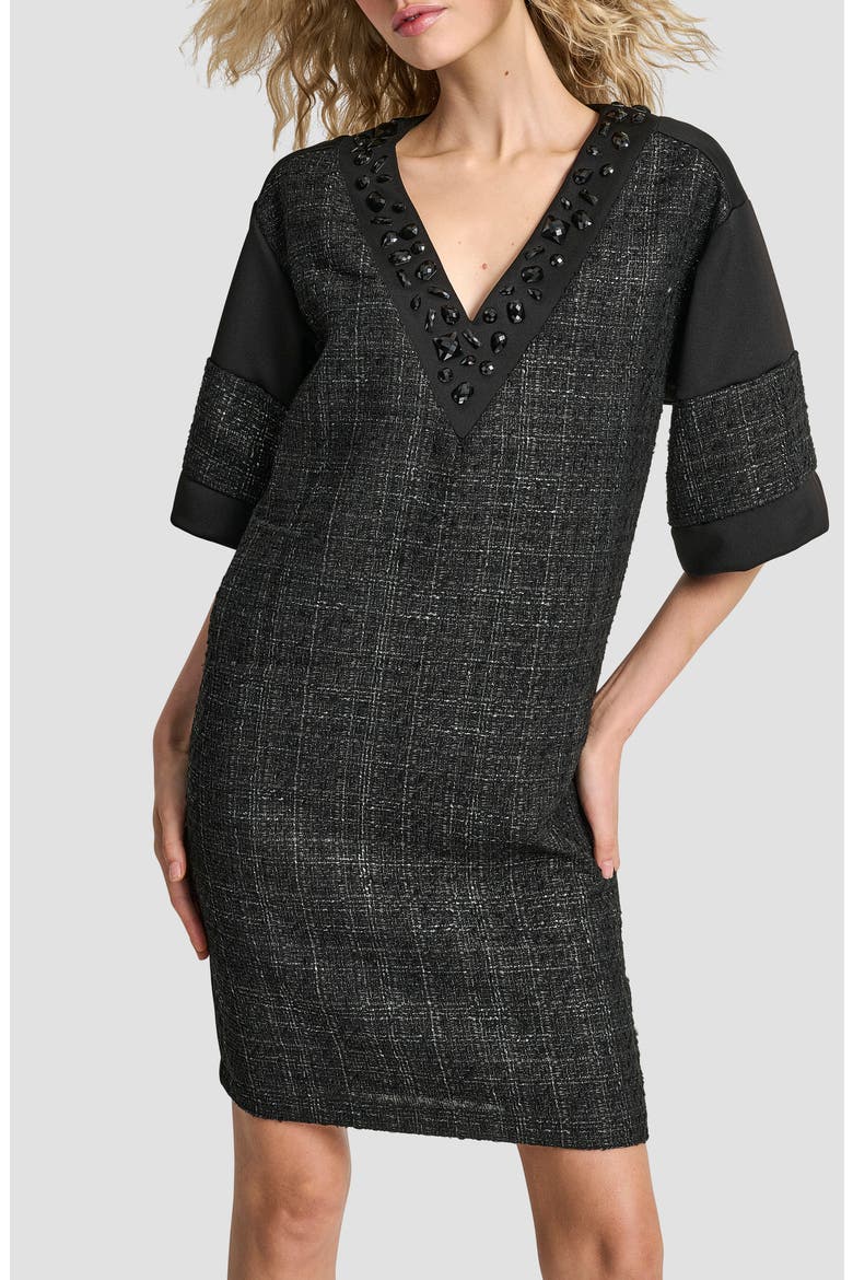 Embellished Neck Mixed Media Shift Dress, Alternate, color, BLACK