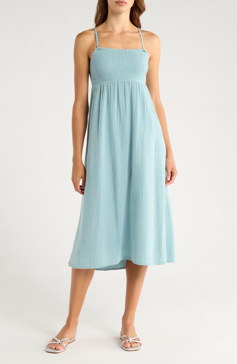 Billabong Off the Coast Smocked Bodice Cotton Midi Dress, Alternate, color, Blue Fog