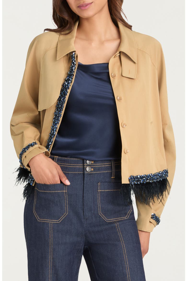 Carmila Sequin & Feather Detail Crop Trench Coat, Main, color, KHAKI/ NAVY