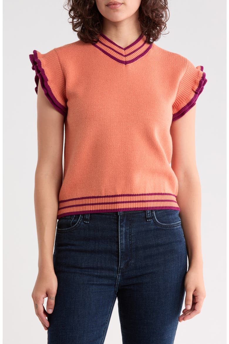 Ruffle Sleeve Stripe Knit Top, Main, color, PEACH BERRY